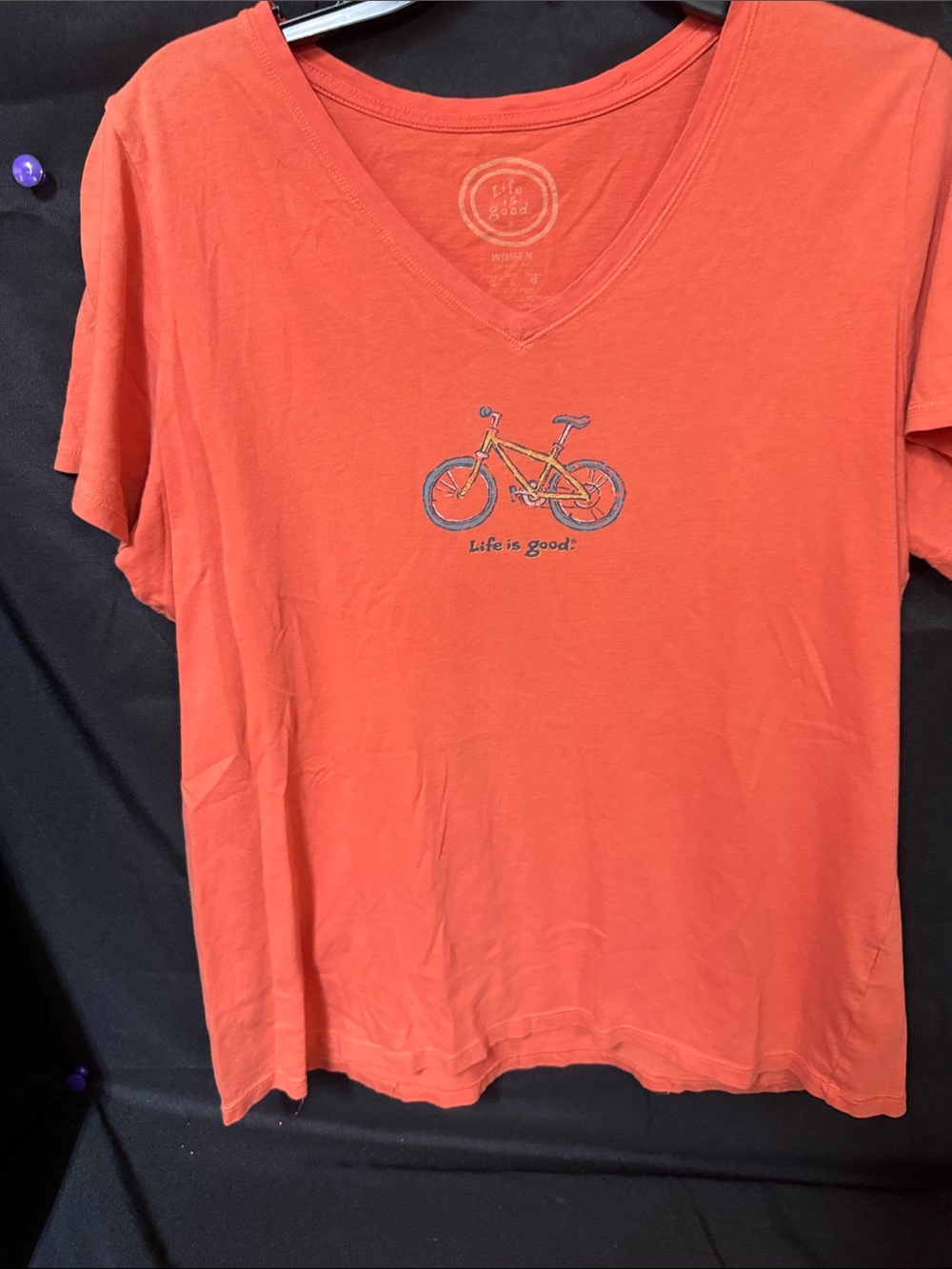 Life Is Good Coral-Orange V-Neck Tee with Bicycle Motif